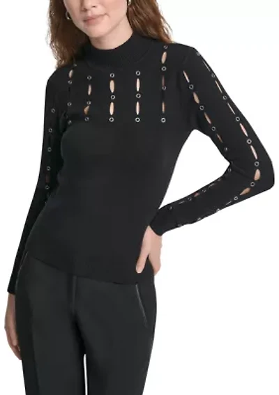 Women's Long Sleeve Mock Neck Grommet Sweater