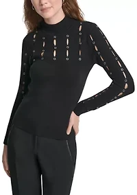 Women's Long Sleeve Mock Neck Grommet Sweater