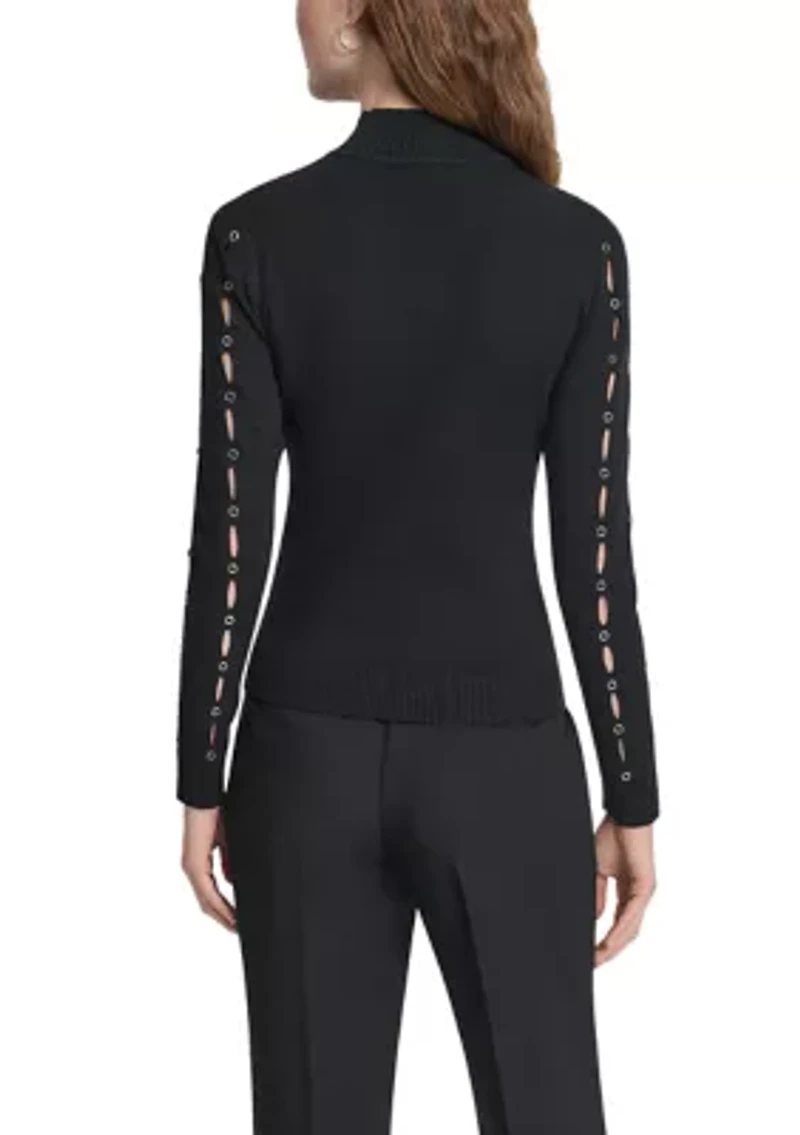 Women's Long Sleeve Mock Neck Grommet Sweater