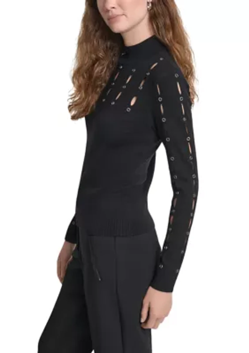 Women's Long Sleeve Mock Neck Grommet Sweater