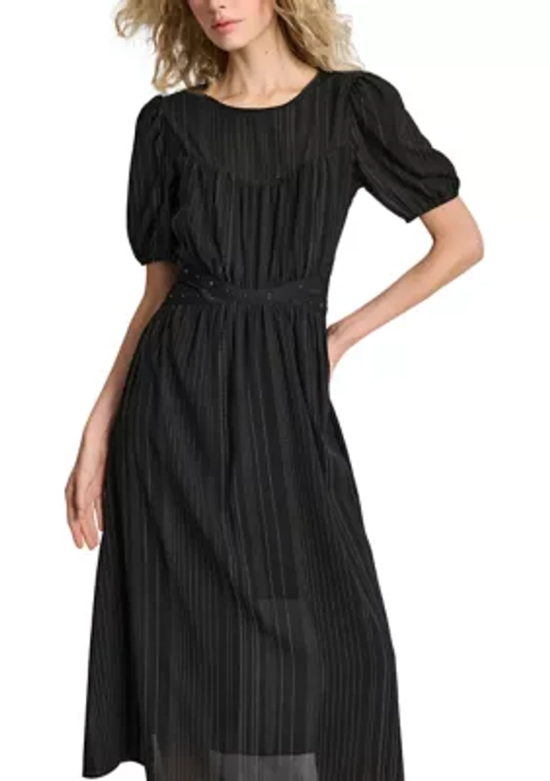 Women's Puff Sleeve Silver Studded Chiffon Dress