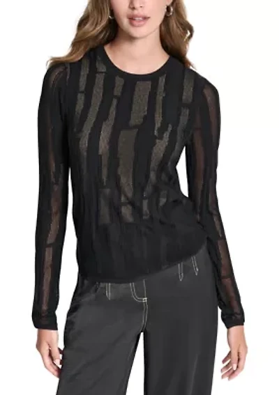 Women's Long Sleeve Crew Neck Pointelle Layered Sweater