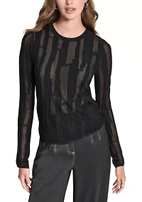 Women's Long Sleeve Crew Neck Pointelle Layered Sweater