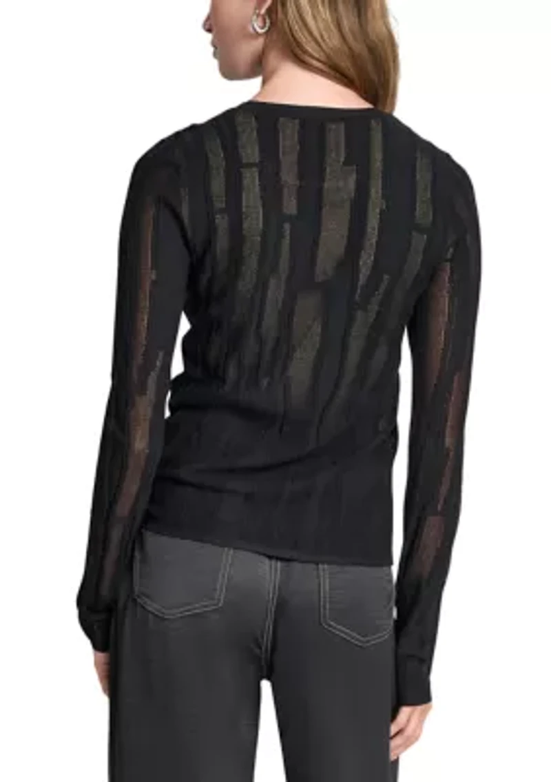 Women's Long Sleeve Crew Neck Pointelle Layered Sweater