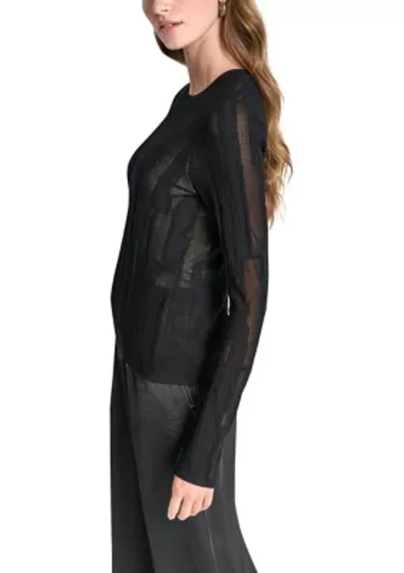 Women's Long Sleeve Crew Neck Pointelle Layered Sweater