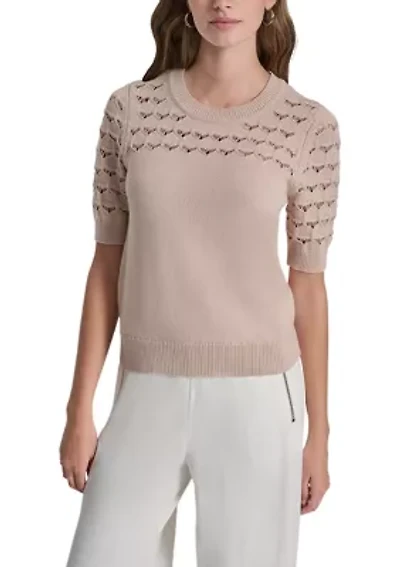 Women's Short Sleeve Crochet Yoke Sweater