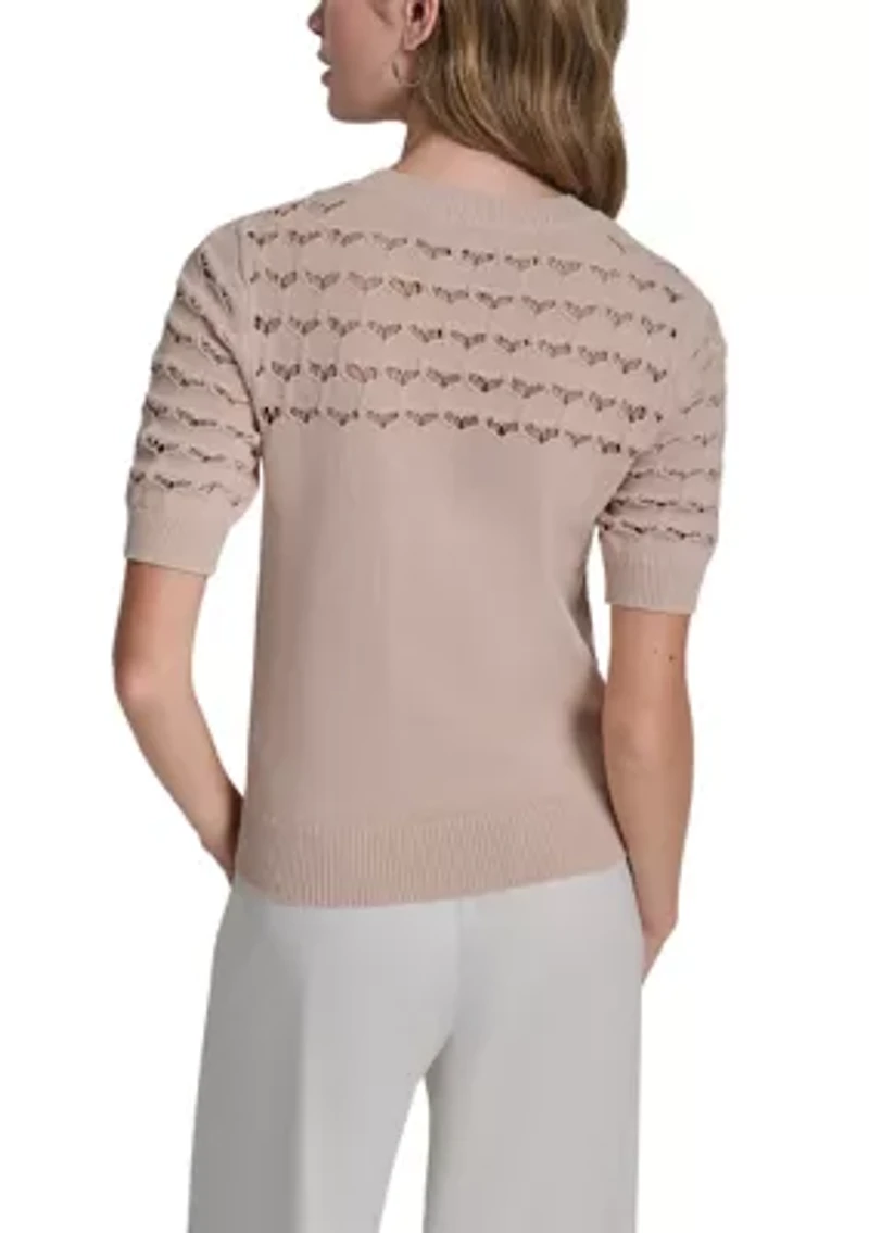 Women's Short Sleeve Crochet Yoke Sweater