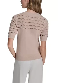 Women's Short Sleeve Crochet Yoke Sweater