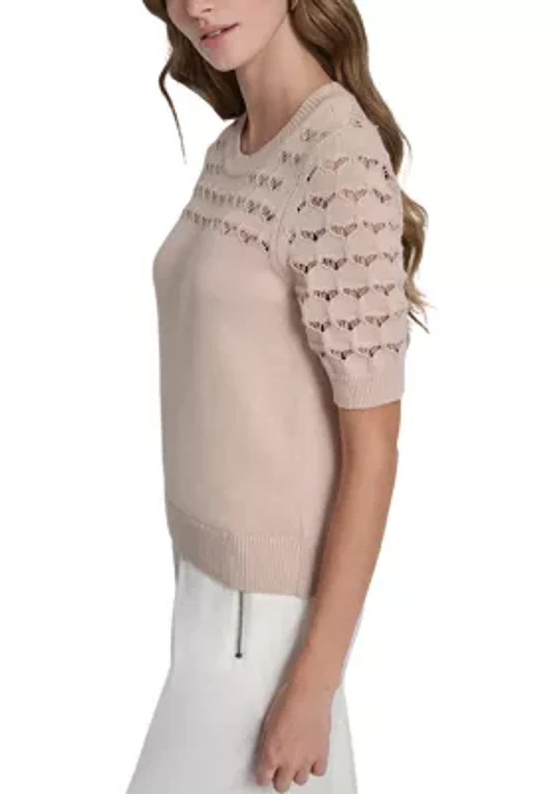 Women's Short Sleeve Crochet Yoke Sweater