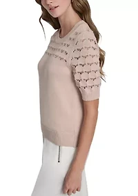 Women's Short Sleeve Crochet Yoke Sweater