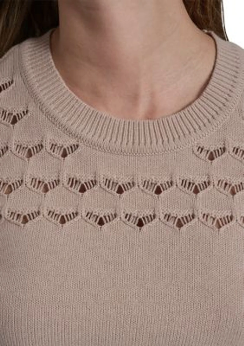 Women's Short Sleeve Crochet Yoke Sweater