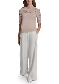 Women's Short Sleeve Crochet Yoke Sweater