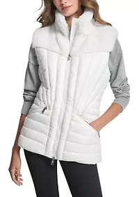 Women's Quilted Puffer Vest With Faux Fur