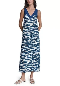 Women's Sleeveless V-Neck Printed Linen Maxi Dress