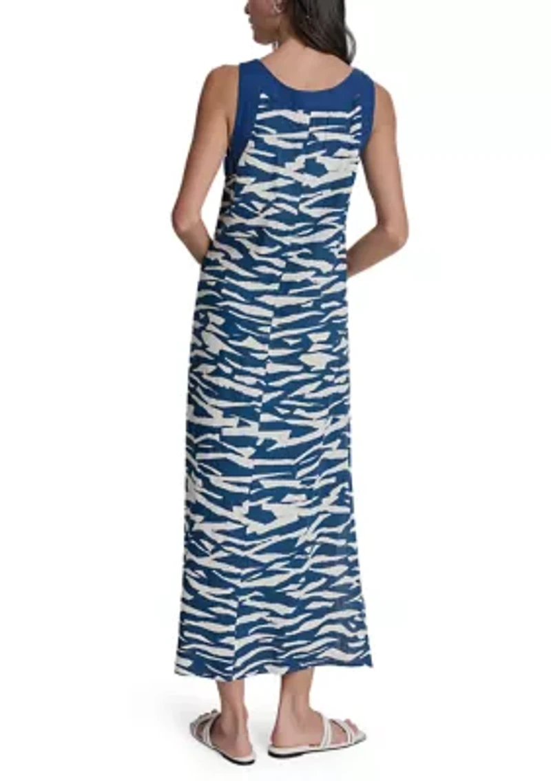 Women's Sleeveless V-Neck Printed Linen Maxi Dress