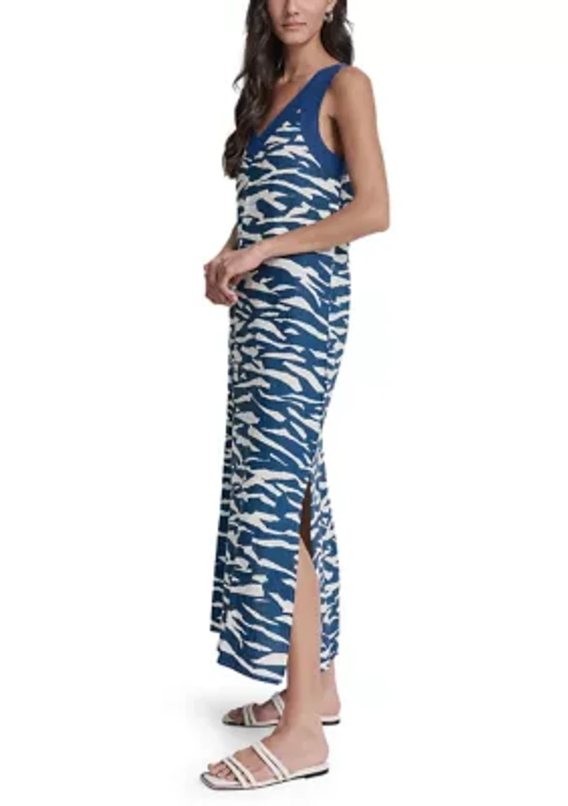 Women's Sleeveless V-Neck Printed Linen Maxi Dress