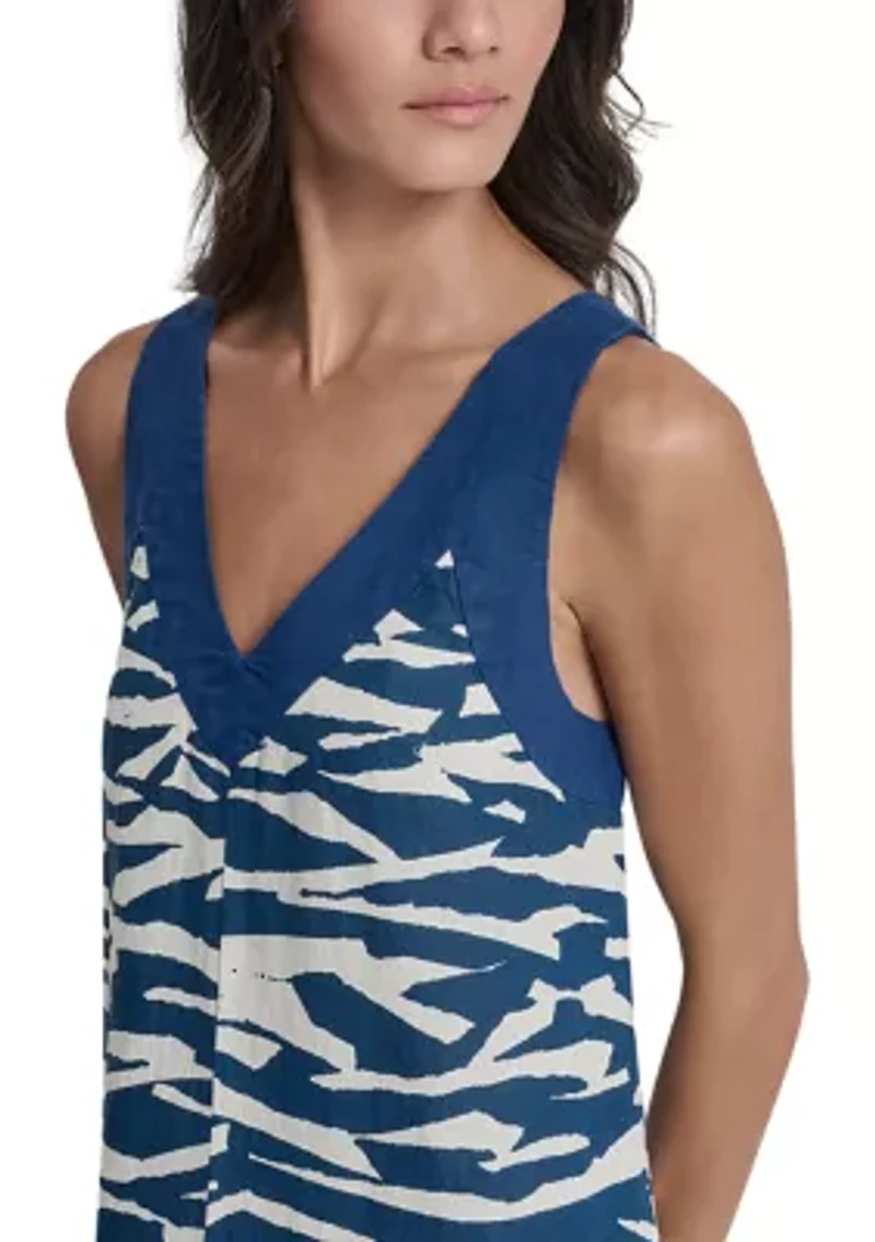 Women's Sleeveless V-Neck Printed Linen Maxi Dress