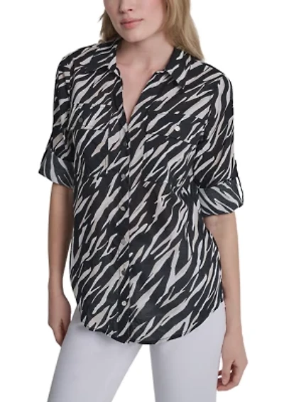 Women's Roll-Sleeve Printed Blouse
