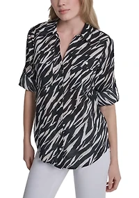 Women's Roll-Sleeve Printed Blouse