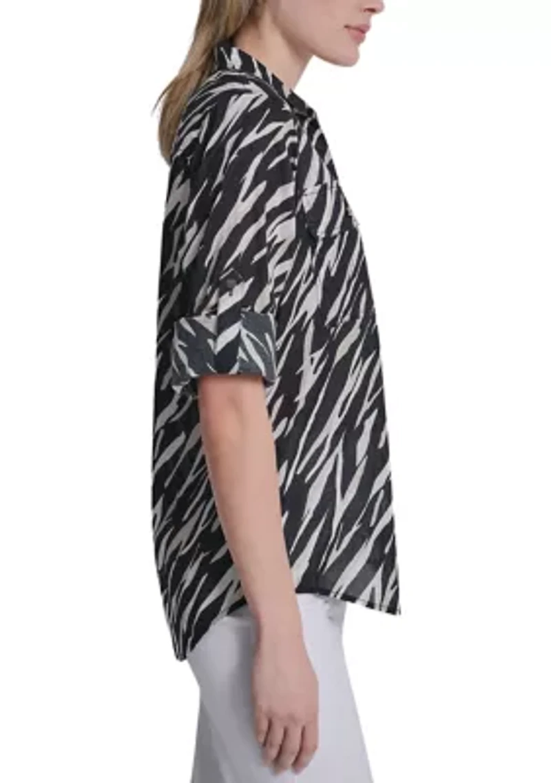 Women's Roll-Sleeve Printed Blouse