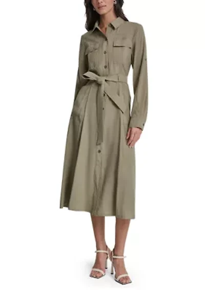 Women's Long Sleeve Belted Utility Shirt Dress