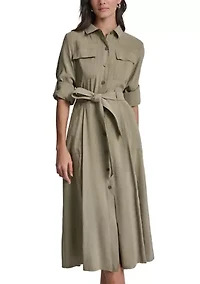 Women's Long Sleeve Belted Utility Shirt Dress