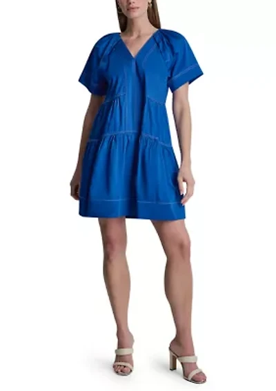 Women's Short Sleeve Split Neck Tier Dress