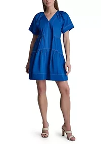 Women's Short Sleeve Split Neck Tier Dress