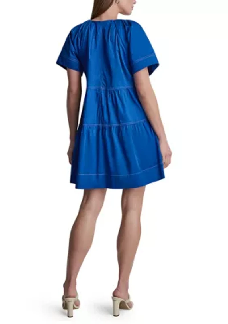 Women's Short Sleeve Split Neck Tier Dress