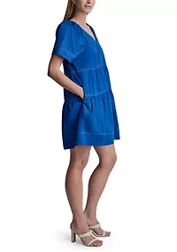 Women's Short Sleeve Split Neck Tier Dress