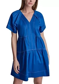 Women's Short Sleeve Split Neck Tier Dress