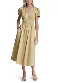 Women's Short Puff Sleeve V-Neck Smocked Waist Midi Dress