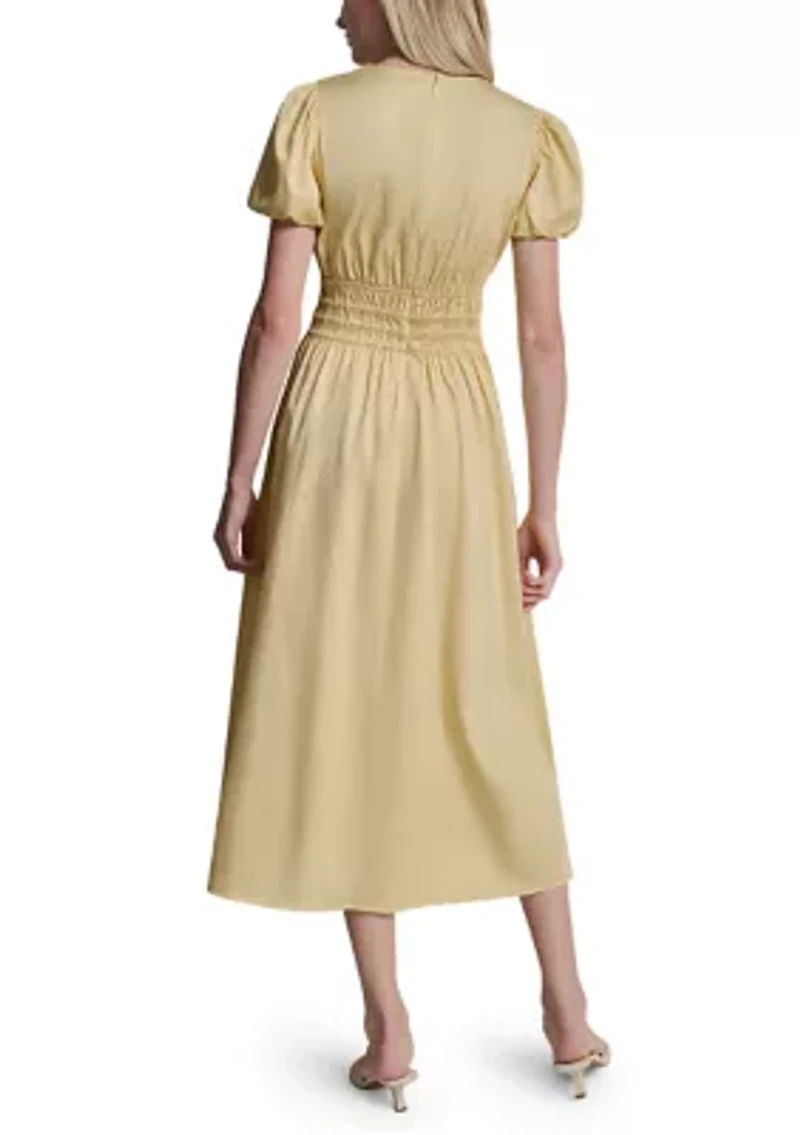 Women's Short Puff Sleeve V-Neck Smocked Waist Midi Dress