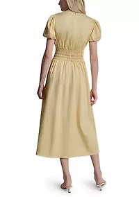 Women's Short Puff Sleeve V-Neck Smocked Waist Midi Dress