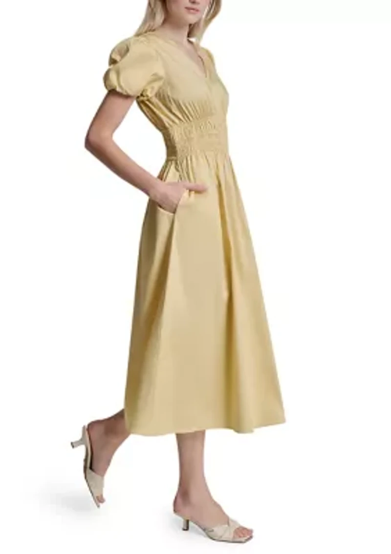 Women's Short Puff Sleeve V-Neck Smocked Waist Midi Dress