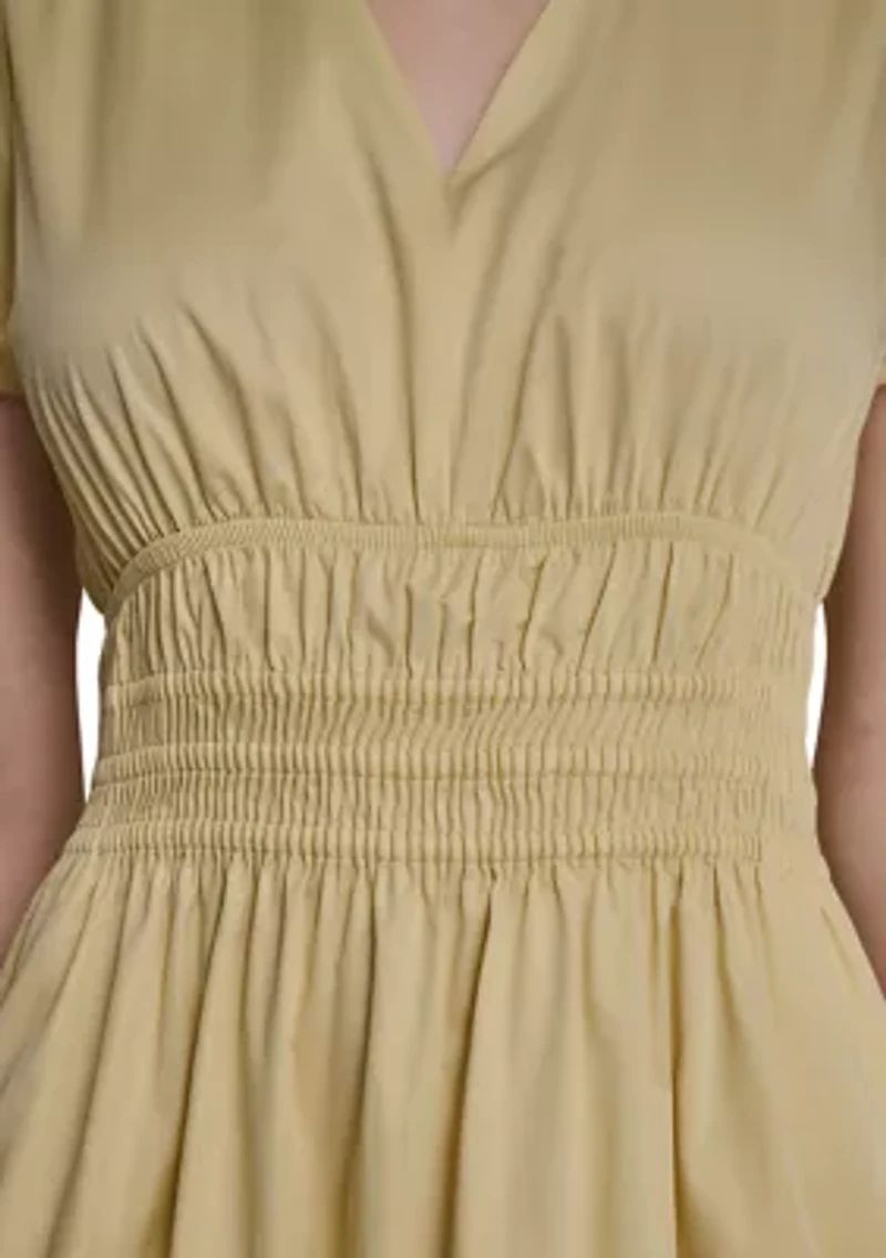 Women's Short Puff Sleeve V-Neck Smocked Waist Midi Dress