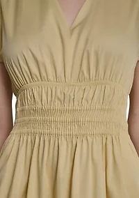 Women's Short Puff Sleeve V-Neck Smocked Waist Midi Dress