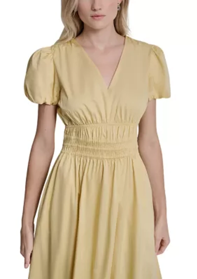 Women's Short Puff Sleeve V-Neck Smocked Waist Midi Dress