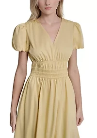Women's Short Puff Sleeve V-Neck Smocked Waist Midi Dress