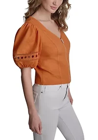 Women's Crochet Trim Solid Blouse
