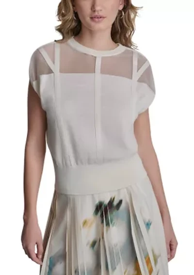 Women's Cap Sleeve Sheer Placket Sweater