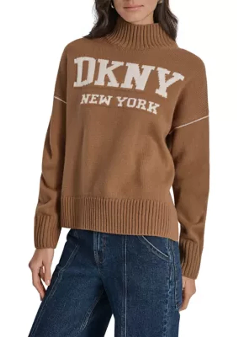 Women's Intarsia Logo Turtleneck High Low Hem Boxy Sweater