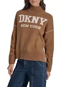 Women's Intarsia Logo Turtleneck High Low Hem Boxy Sweater