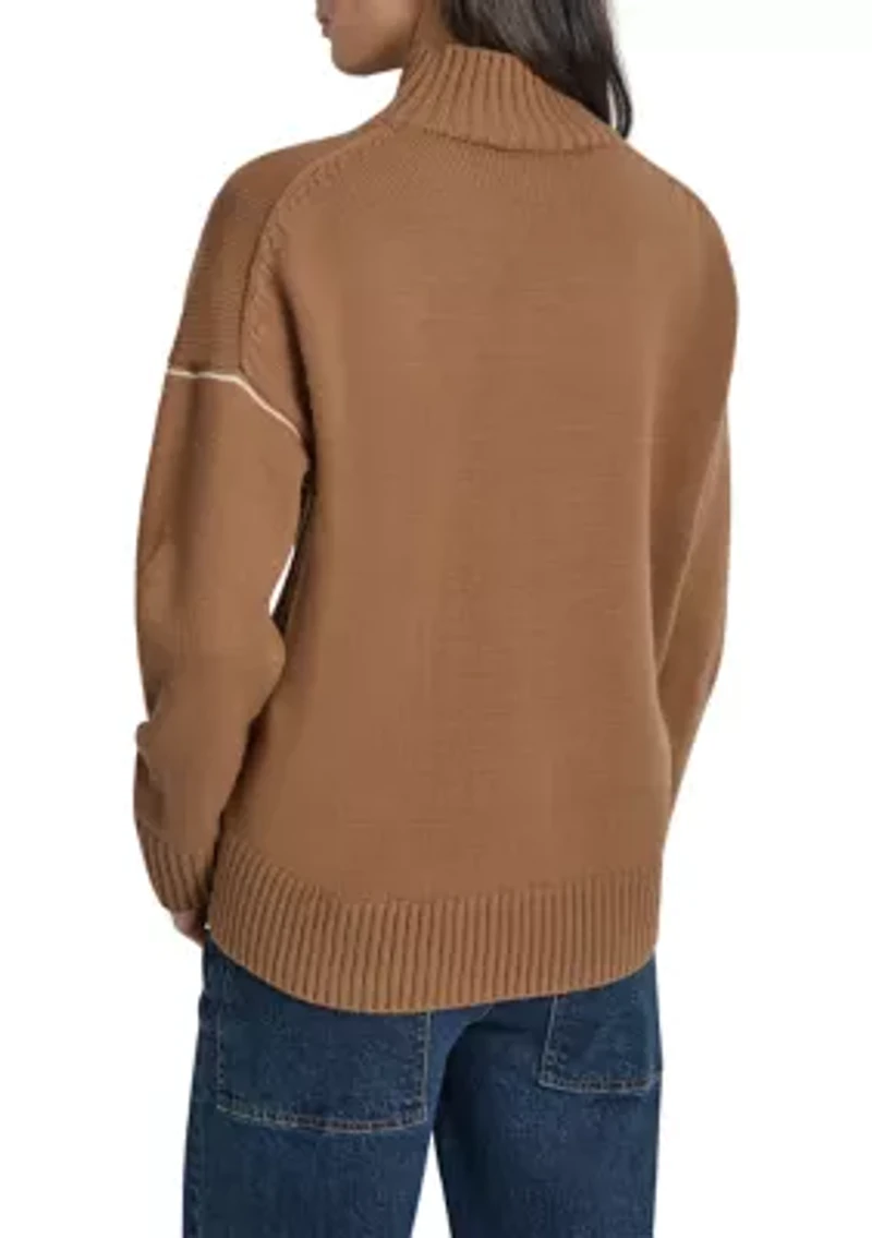 Women's Intarsia Logo Turtleneck High Low Hem Boxy Sweater