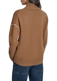 Women's Intarsia Logo Turtleneck High Low Hem Boxy Sweater