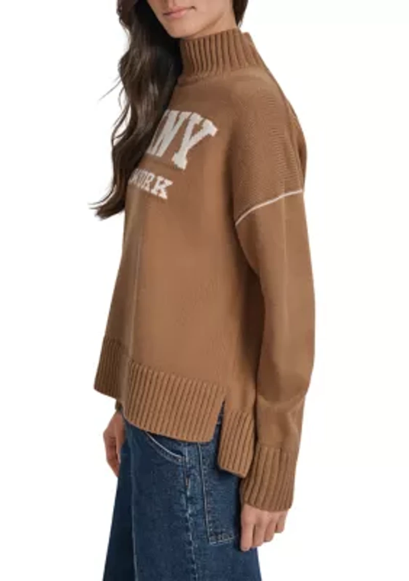 Women's Intarsia Logo Turtleneck High Low Hem Boxy Sweater