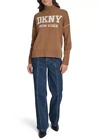 Women's Intarsia Logo Turtleneck High Low Hem Boxy Sweater