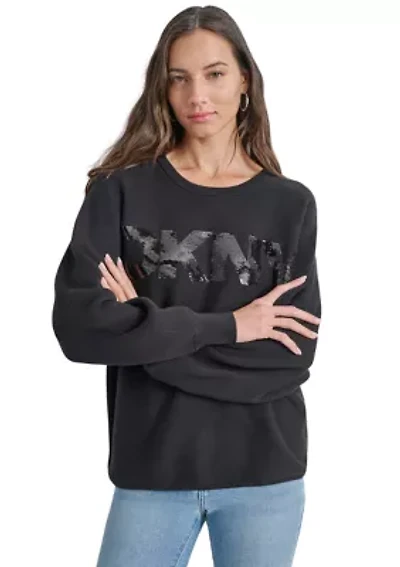 Women's Long Sleeve Sequin Logo Crew Neck Sweater