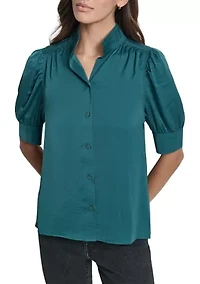 Women's Printed Puff Sleeve Shirt with Stand Collar