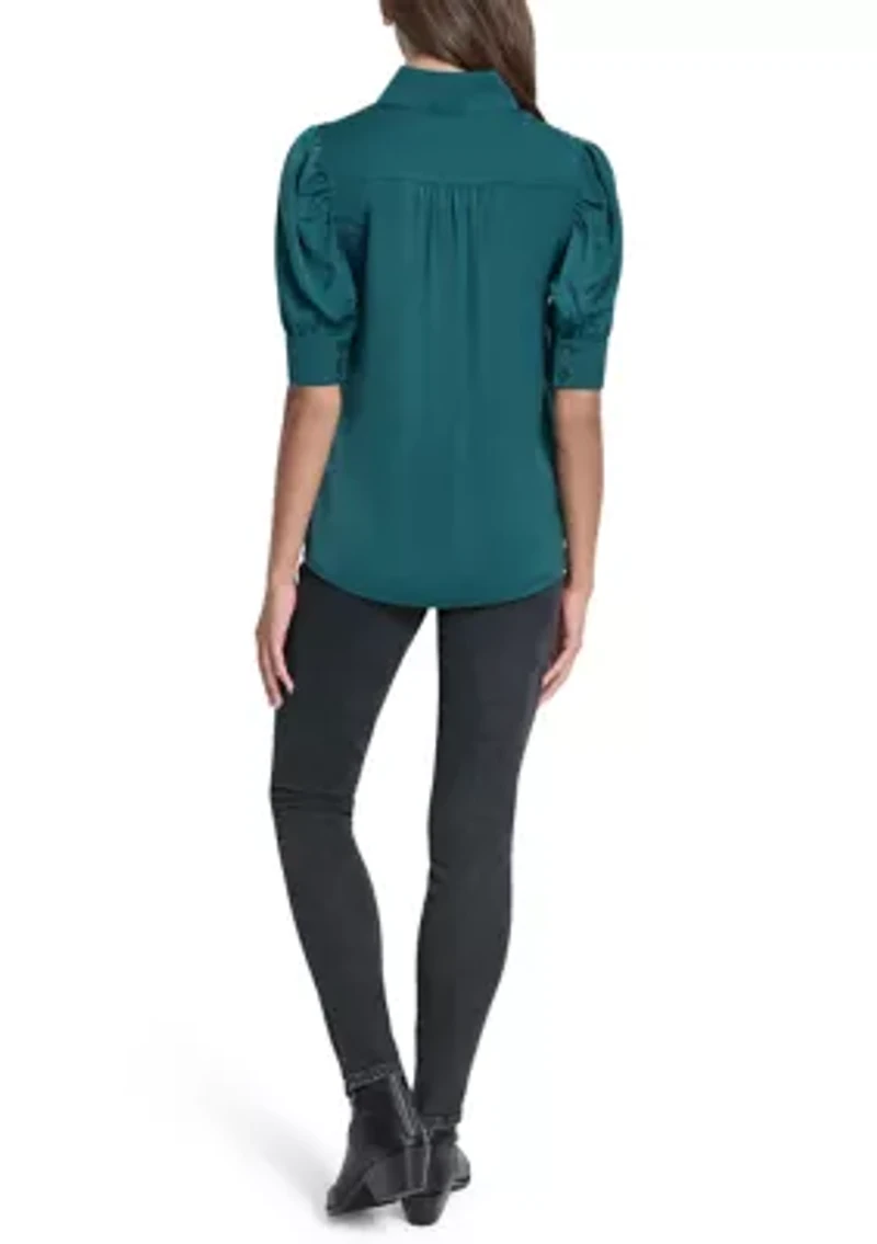 Women's Printed Puff Sleeve Shirt with Stand Collar